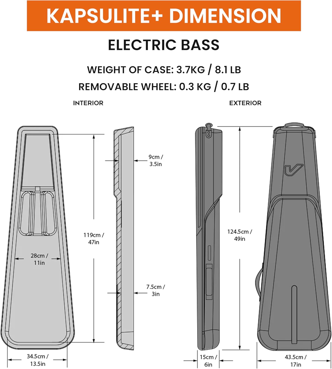Gruv Gear Kapsulite+ Travel Electric Bass Case with Wheels, Neck Support Cradle & Global Recovery Tag - Gig Bag with Waterproof Exo-Shell, Expandable Top Pocket & Removable Storage Case - Black