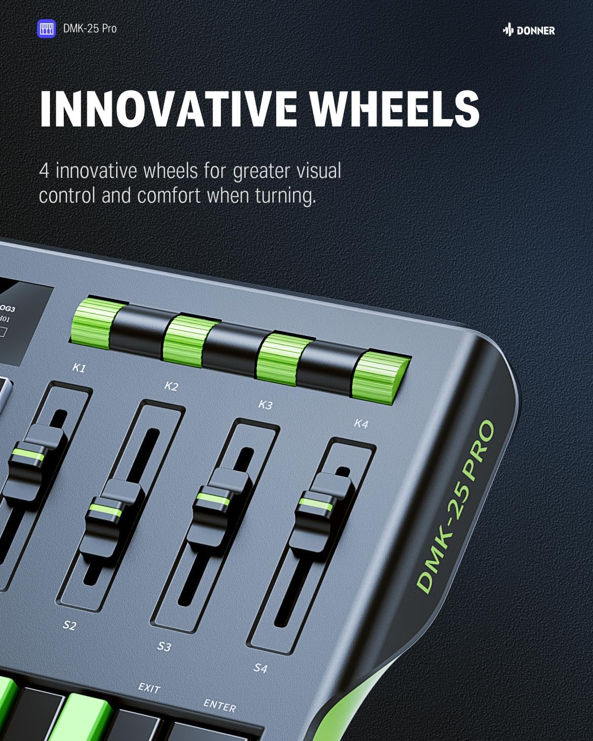 Donner DMK25 Pro MIDI Keyboard Controller, 25 Mini Key Portable USB-C MIDI Controller with 8 Drum Pads, OLED Display, Personalized Touch Bar, Music Production Software and 40 Teaching Courses, Green