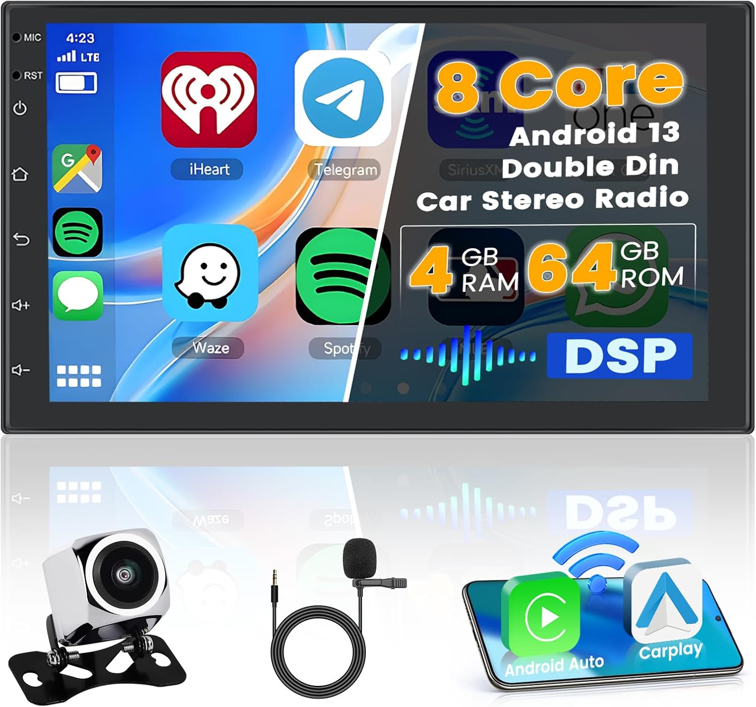 [8-Core 4+64G] Hikity Android 15 Double Din Car Stereo, 7'' Touchscreen Radio Wireless Carplay Android Auto Mirror Link, 2DIN Head Unit GPS Navigation 32EQ DSP/Bluetooth/5G WiFi/SWC+AHD Backup Cam+MIC