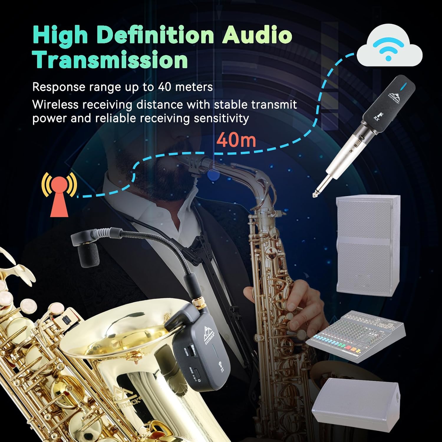 EASTROCK Gold/Nickel Alto Saxophone E Flat Sax and Saxophone Wireless System