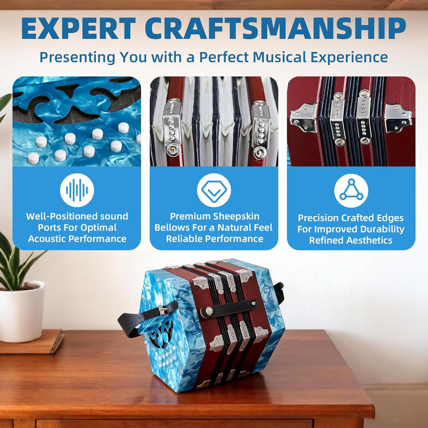 Concertinas,20-key accordion for adults, professional accordion for beginners, adjustable hand straps, instrument accessories (BULE-1)