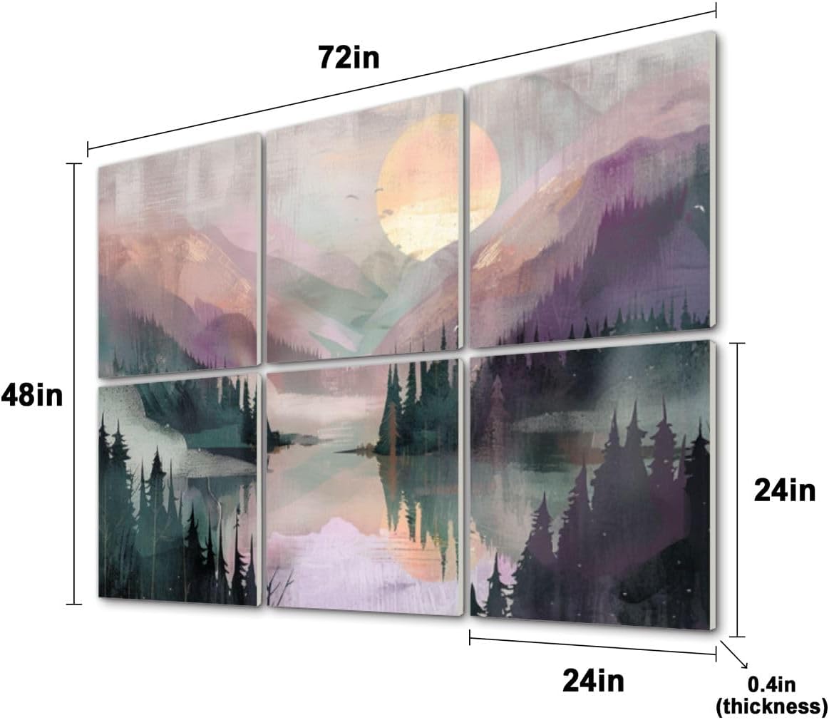6 Pack Art Acoustic Panels Rustic Dawn Landscape Muted Pink Purple Green Soundproof Wall Panels, 48