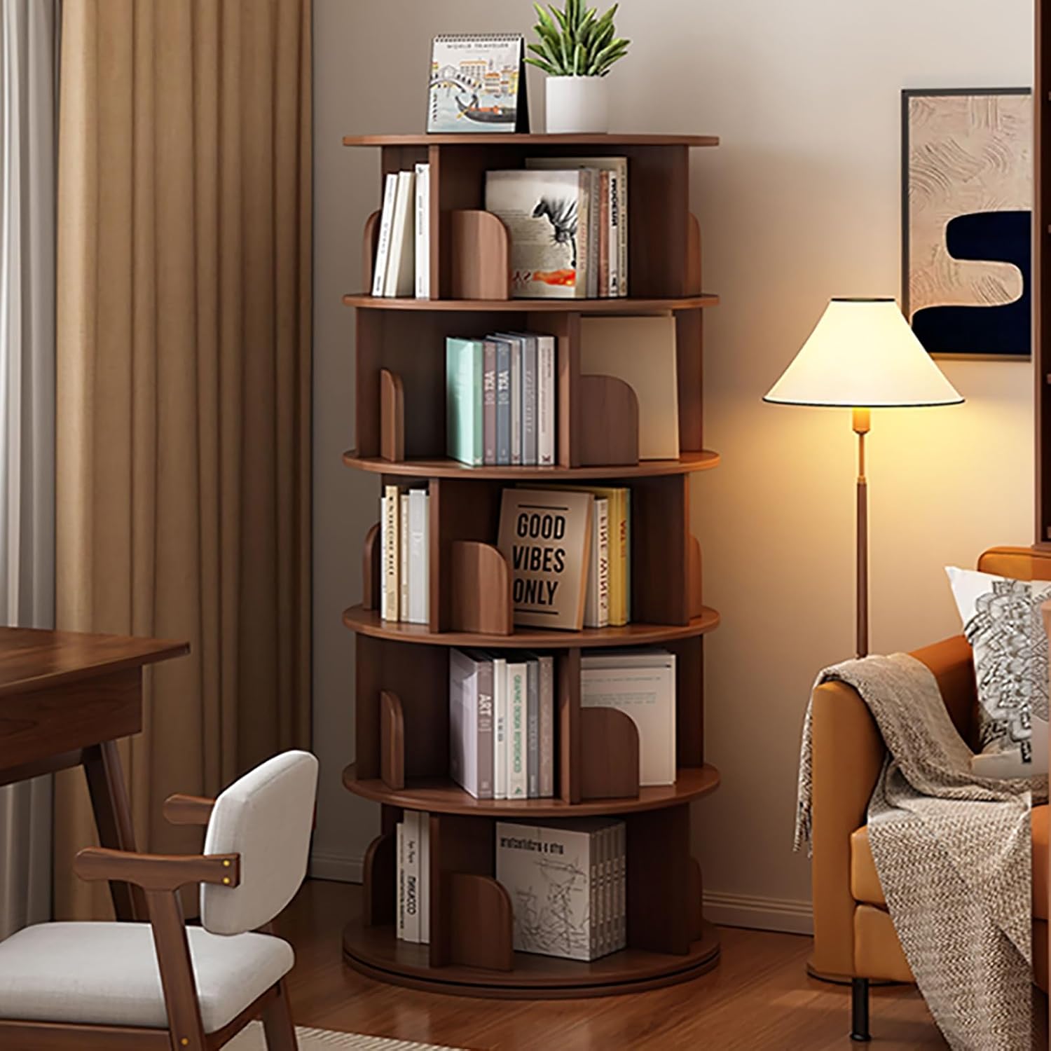 360° Rotating Bookshelf, Spinning Book Tower Swivel Bookcase, Round Book Shelf, for Small Space Freestanding Corner Bookcase for Playroom Bedroom Living Room(Brown,40 * 160cm/15.7 * 63in)