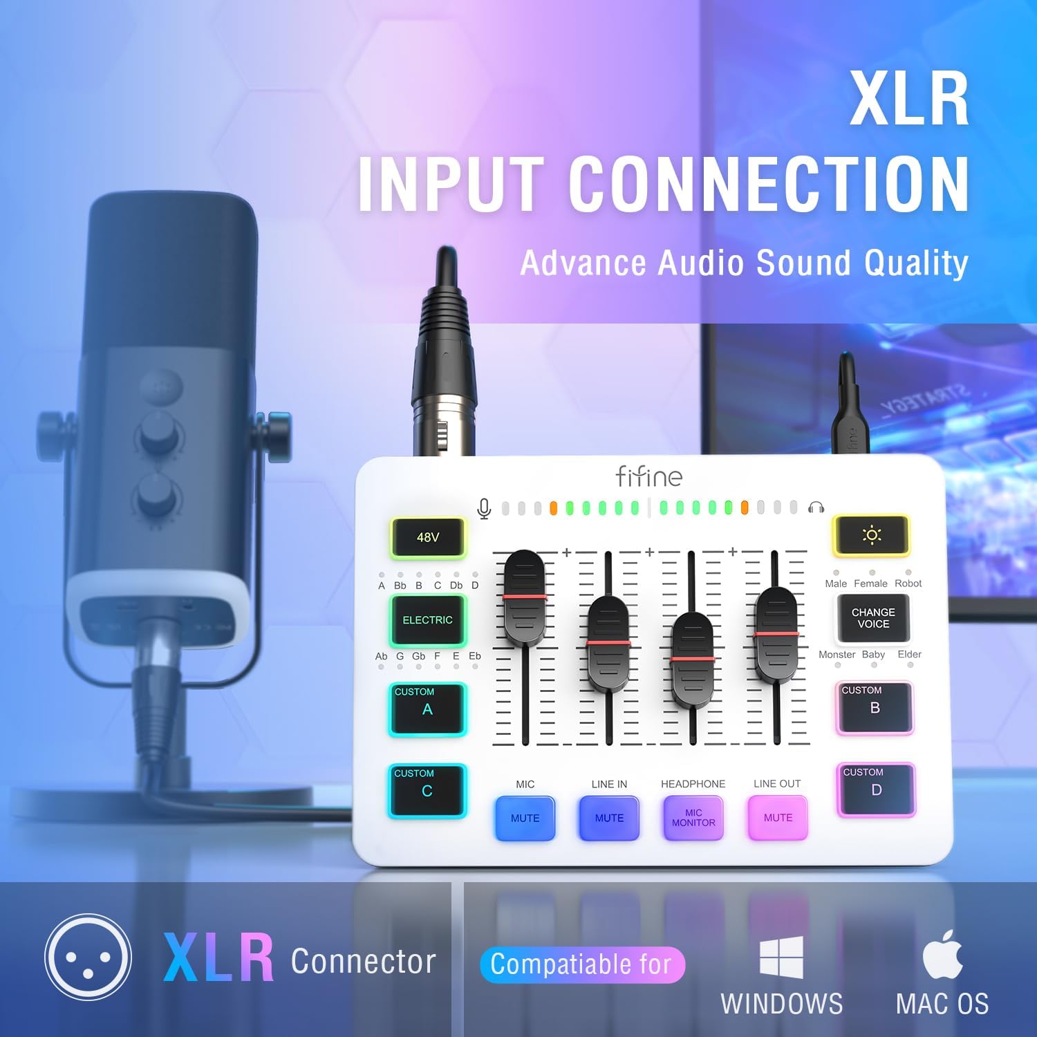 FIFINE XLR Microphone and Audio Mixer, Condenser Podcast Mic for Recording, Vocal, Voice-Over,Gaming Streaming PC Mixer with Slider Fader,XLR Microphone Interface,for Video/Game Voice(K669C+SC3W)