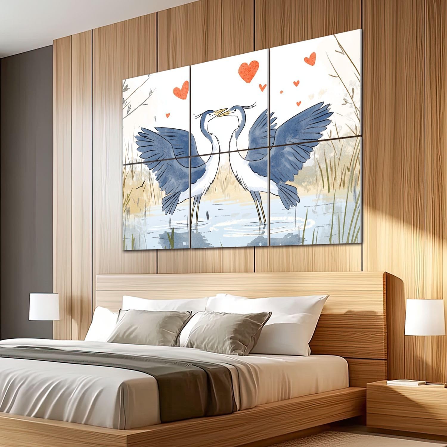 6 Pack Art Acoustic Panels Sound Absorbing Couple Coastal Crane Love Birds Two Cranes Water Grass Hearts Romantic Decorative Soundproof Wall Panels Self Adhesive for Recording Studios Office 72