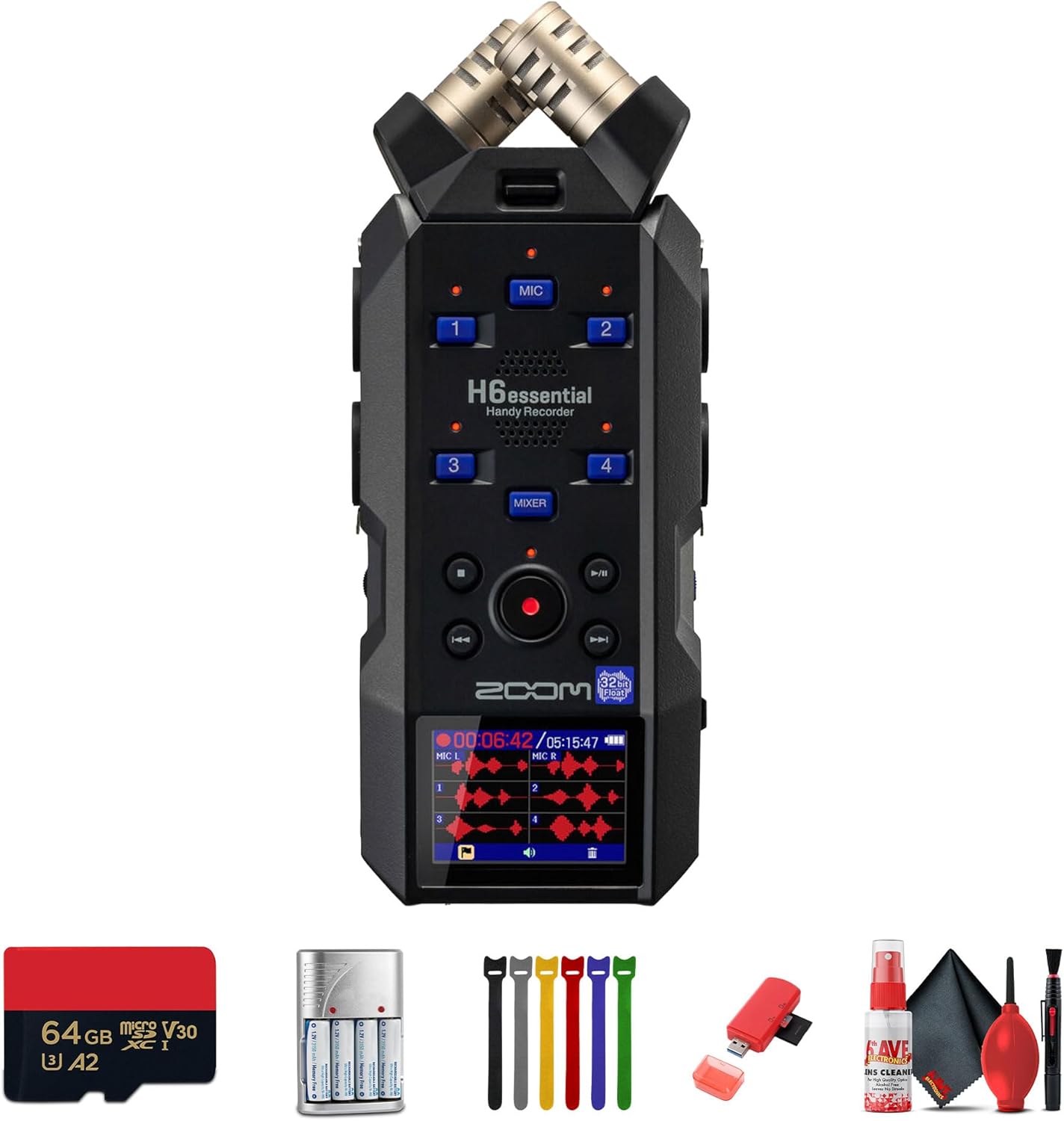 Zoom H6essential 6-Track 32-Bit Float Portable Audio Recorder Bundle with 4X AA Batteries with Charger + Extreme Pro 64GB microSDXC Memory Card + More