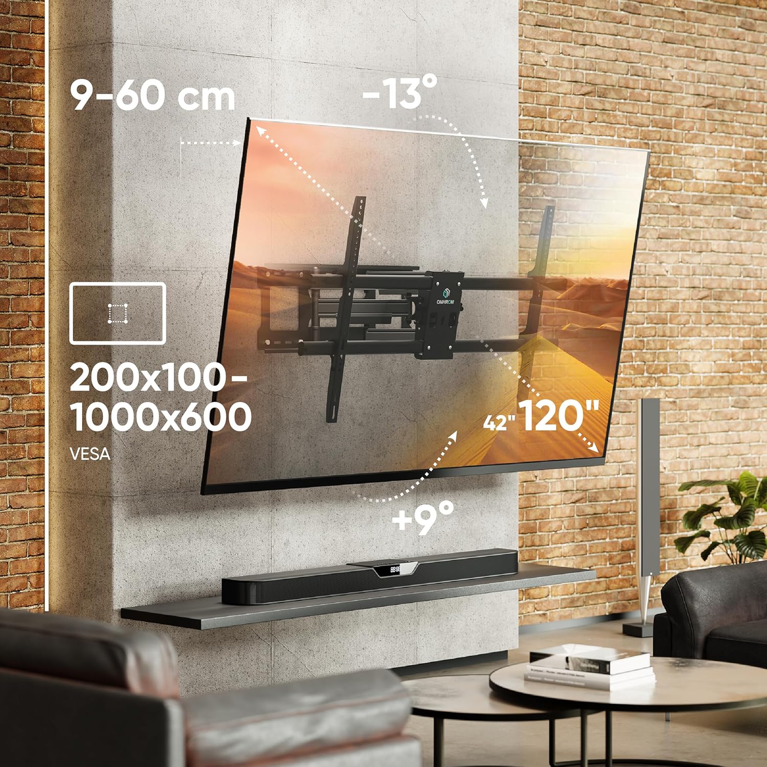 ONKRON Full Motion TV Wall Mount for 42-120 Inch Screen up to 220 lbs, Heavy Duty TV Mount Swivel and Tilt, Long Extension Arm, max VESA 1000x600, Ultra Slim Articulating Television Bracket Black