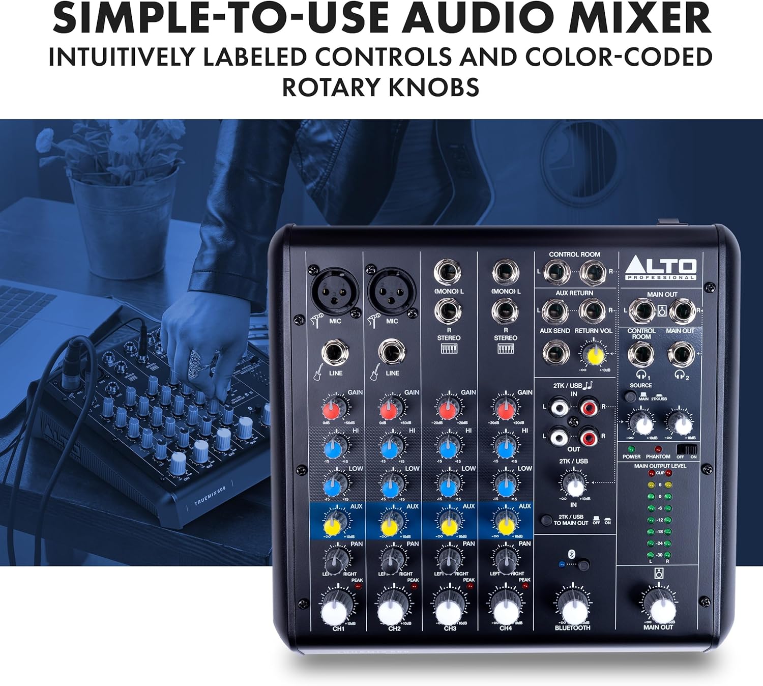 ALTO TrueMix 600 Audio Mixer with 2 XLR Mic Ins, USB Audio Interface and Bluetooth for Podcasting, Live Performance, Recording, DJ, Mac and PC