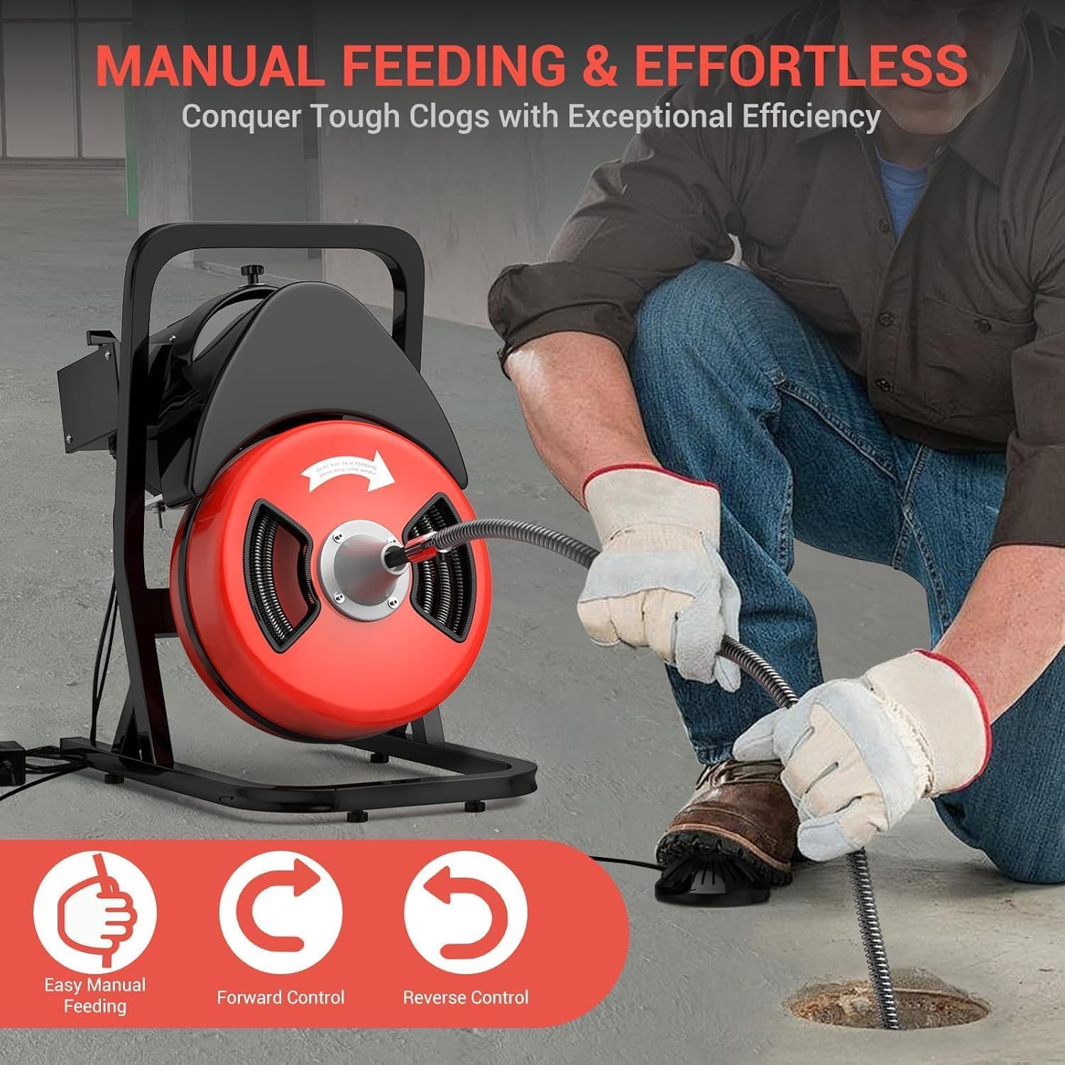 Electric Drain Cleaning Machine with Wheels - 50FT x 1/2 Inch Auto-Feed Sewer Snake Auger, 6 Cutters, Air-Activated Foot Switch, For 1