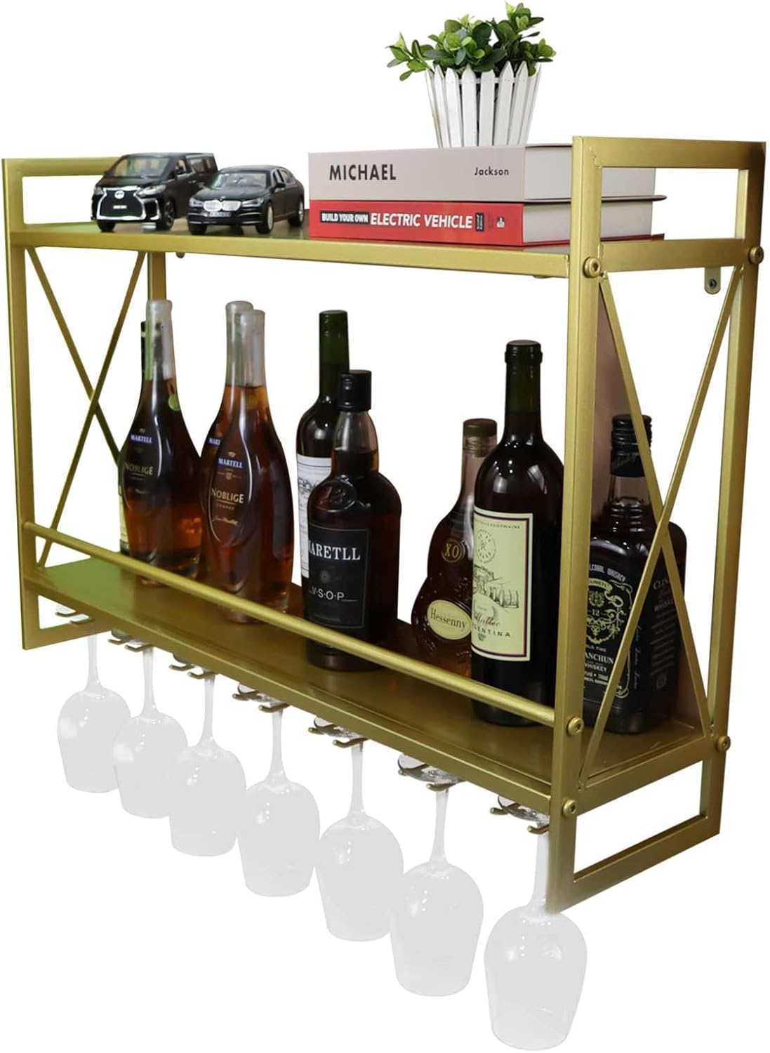 Industrial Wall Mounted Wine Racks with Glass Holder, 31.5in Rustic Metal Multipurpose Shelves, 2-Tiers Wall Mount Hanging Wine Holder Wine Accessories, Bottle Holder Glass Rack Wall Shelf