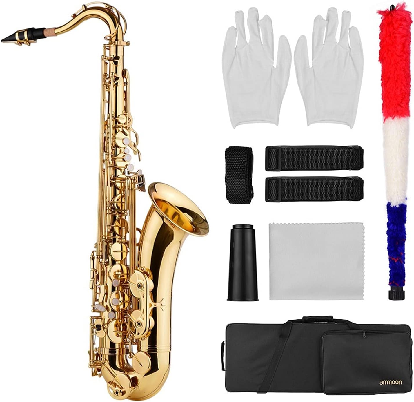 Bb Tenor Saxophone Sax Brass Body Gold Lacquered Surface Woodwind Instrument with Carry Case Gloves Cleaning Cloth Brush Saxophone Straight