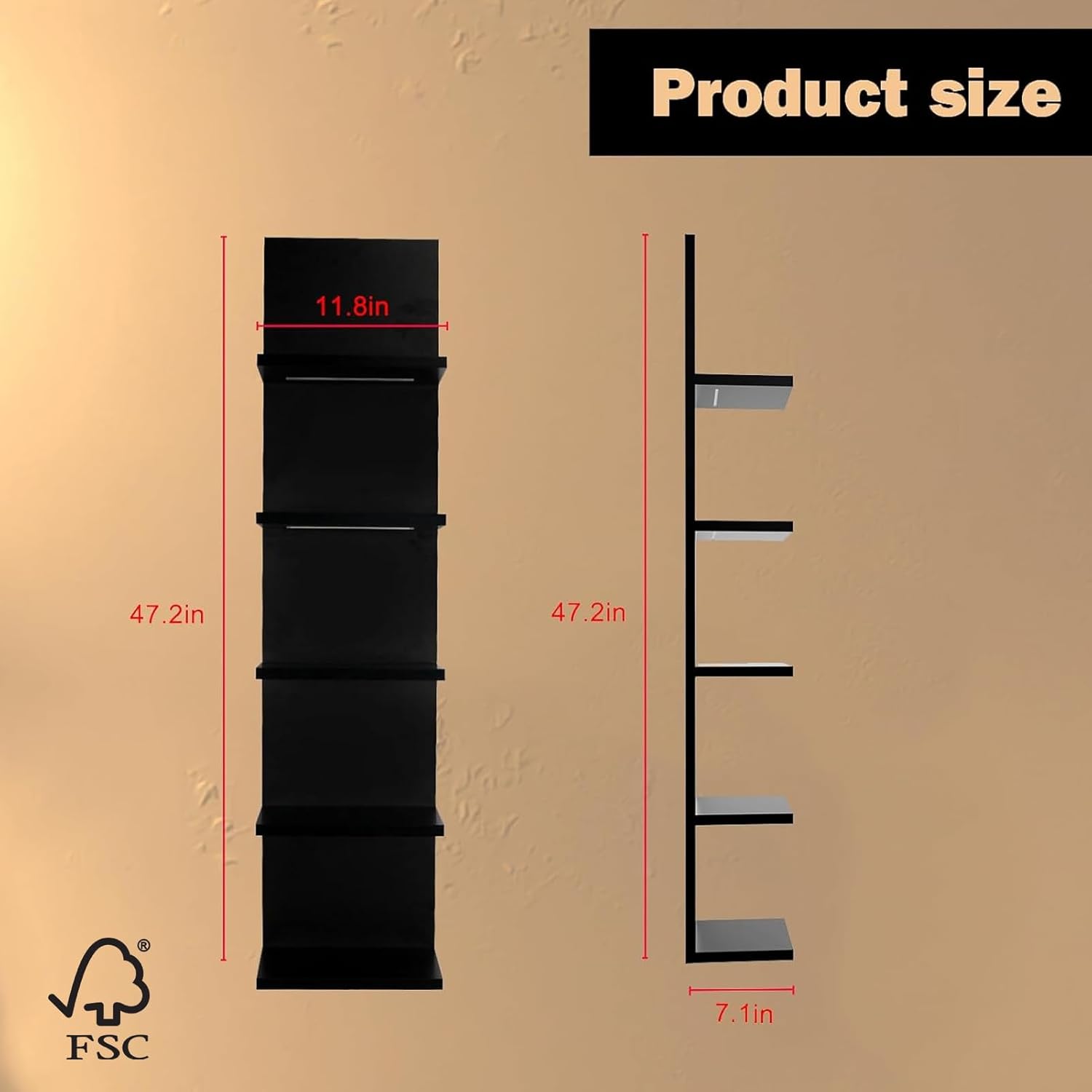 Homaterial 5 Tier Wall Shelf Unit, Black Modern Vertical Lack Wall Shelves with Light, Wall Mount, Floating Column Home Decor Shelves for Bedroom, Living Room, Vanity Storage Display