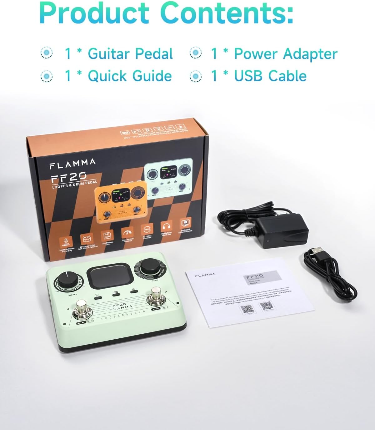 FLAMMA FF20 Looper Pedal Drum Machine, Drum Looper Guitar Pedal with Screen, 300 Min Recording, 220 Drum Grooves, 100 Loop Slots, Time Stretch, Auto Record, USB & Headphone Out, for Guitar and Bass