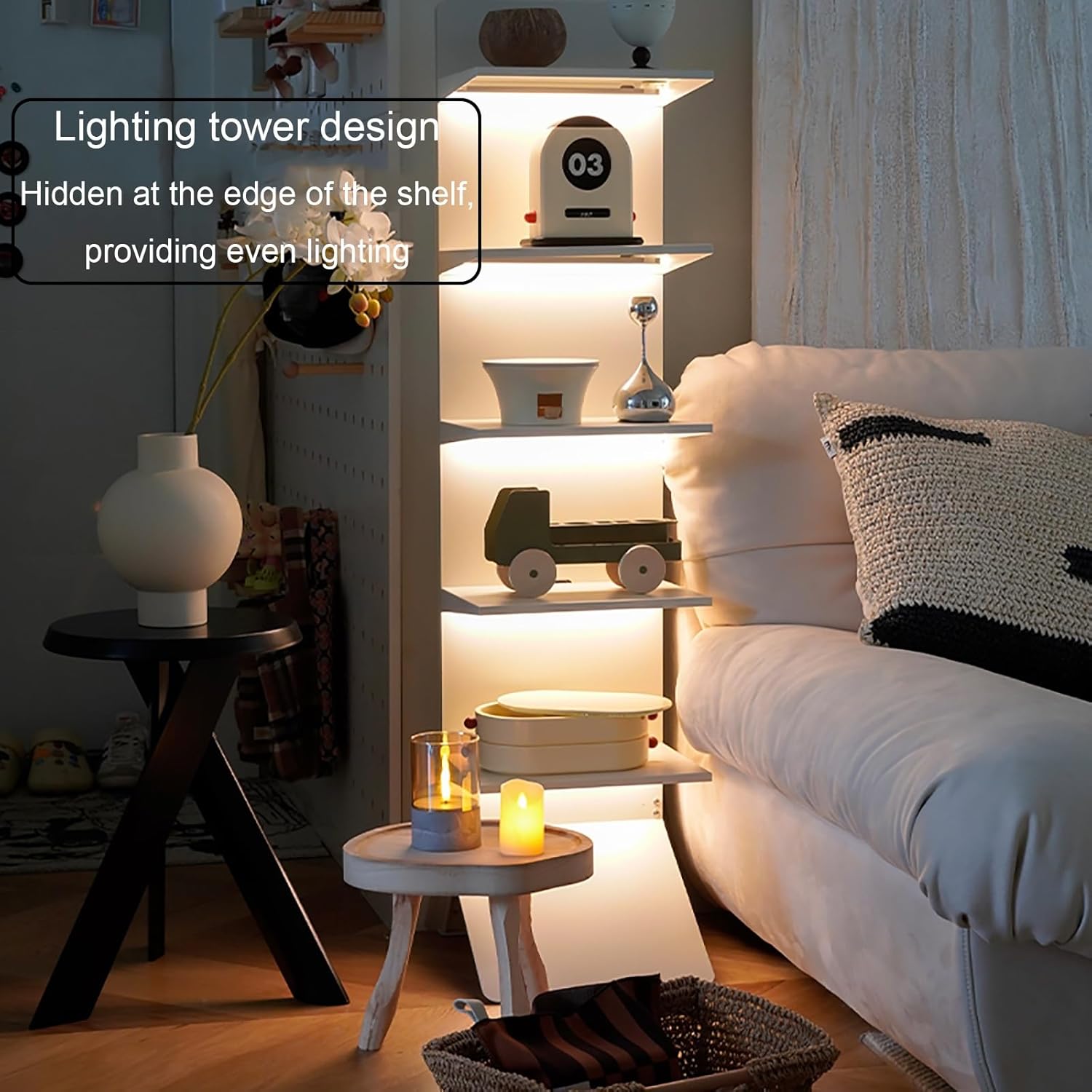 Modern Vertical Bookshelf Tower, Free Standing Bookcase Open Shelves, Simple Narrow Invisible Floor Wall Bookshelf for Small Spaces, Living Room, Bedroom, Office(White)