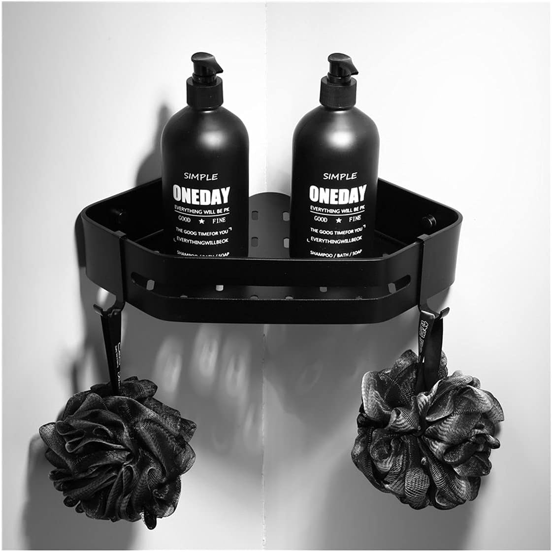 Shower Shelves Space Aluminum Black Bathroom Shelf, Shower Shelves Corner Storage, ​Wall Mounted Cosmetic Rack with Hook Bathing Accessories (Color : Black - 1 PC)
