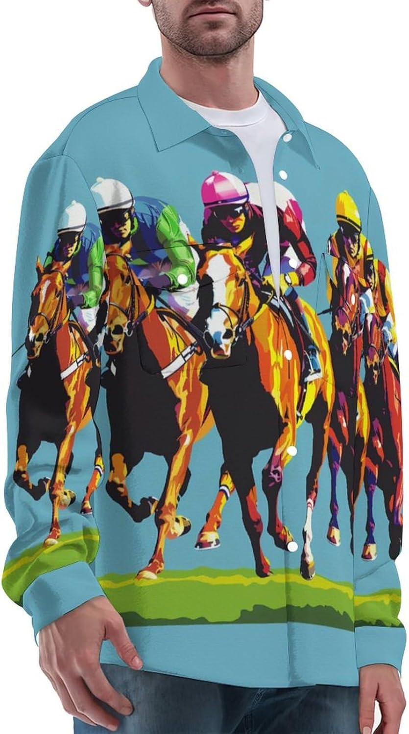 Jockeys Horses Racing Men's Shirts Casual Jacket Long Sleeve Coat Novelty Outwear Tops