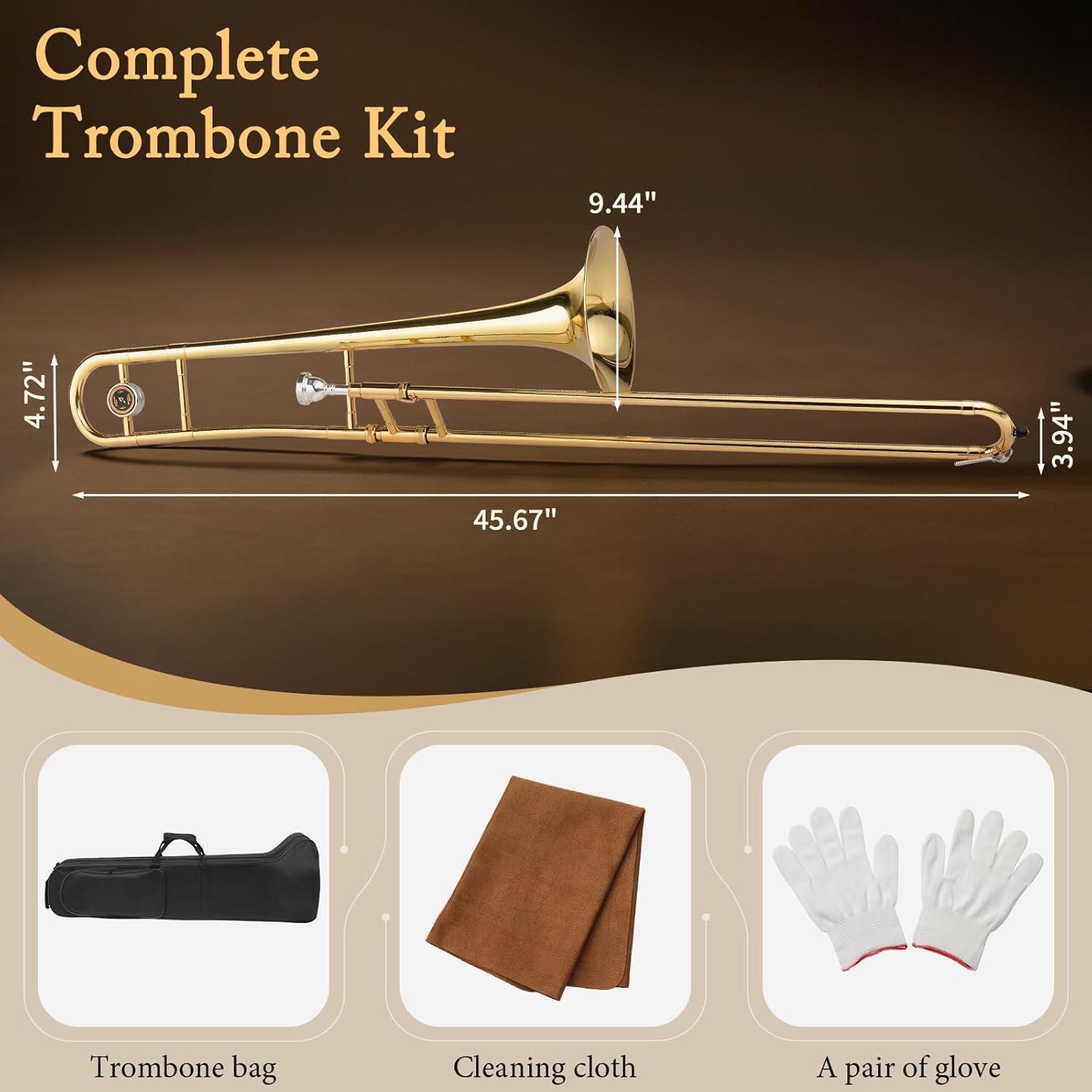 Ktaxon B Flat Tenor Trombone with Mouthpiece, Brass Slide Bb Trombones for Beginners, Portable Instrument Includes Cleaning Cloth, Gloves and Trombone Case (Golden)