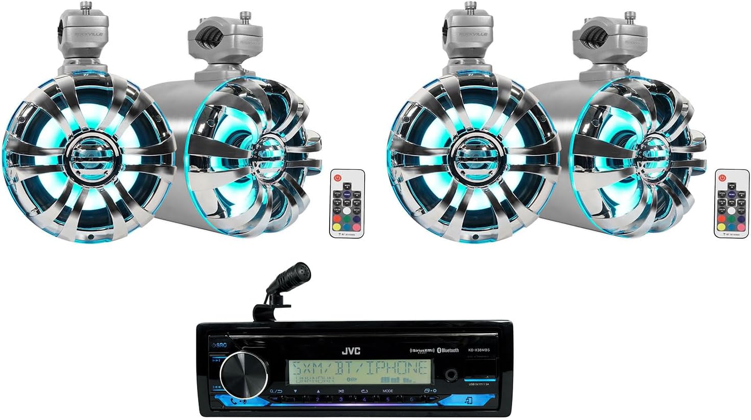 Audiosavings Bundle: JVC KD-X38MBS 1-Din Car/Marine/UTV/Motorcycle Stereo Receiver w/Bluetooth/USB Bundle with (4) Rockville WB65KLED 6.5