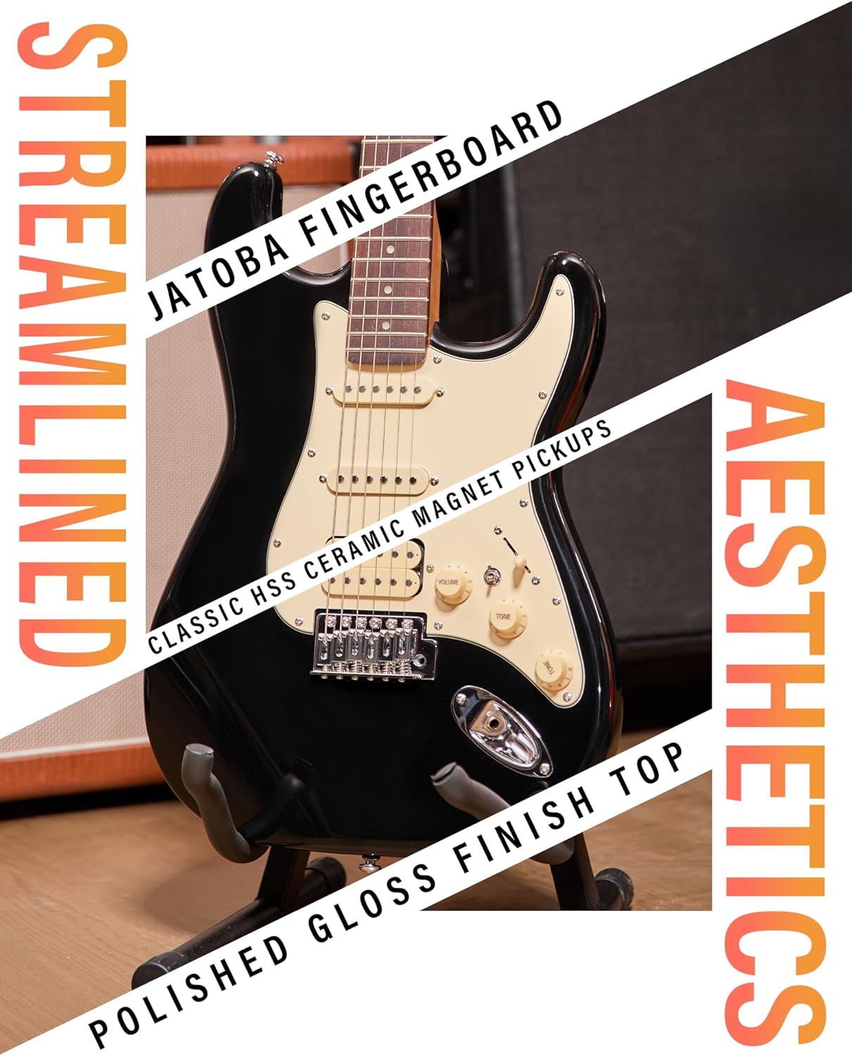 AKLOT Beginner Electric Guitar Kit: 10W Amp, Coil-Split HSS Pickups, Roasted Maple Neck, Gig Bag, Lesson Book, Tuner, Strap, Picks, Stryde Phantom Black