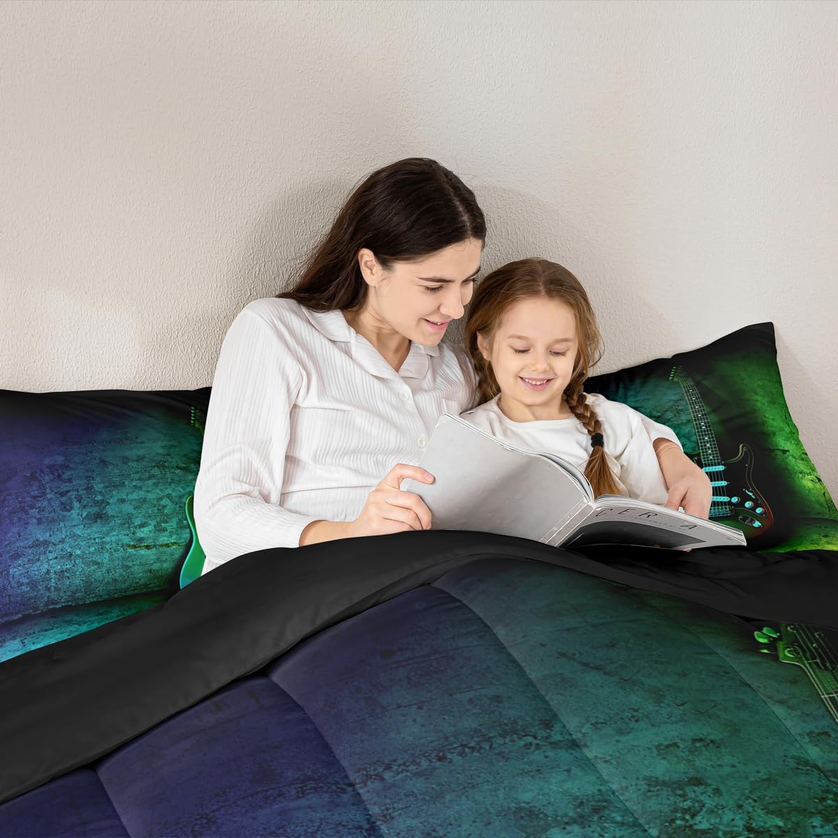 Castle Fairy Guitar Bass Comforter Sets for Kids Adults,Rock Music Instrument 3D Pattern Bedding Sets,Modern Pop Music Comforter 3 Pcs with 2 Pillowcases,Neon Blue Green Duvet Insert,King Size