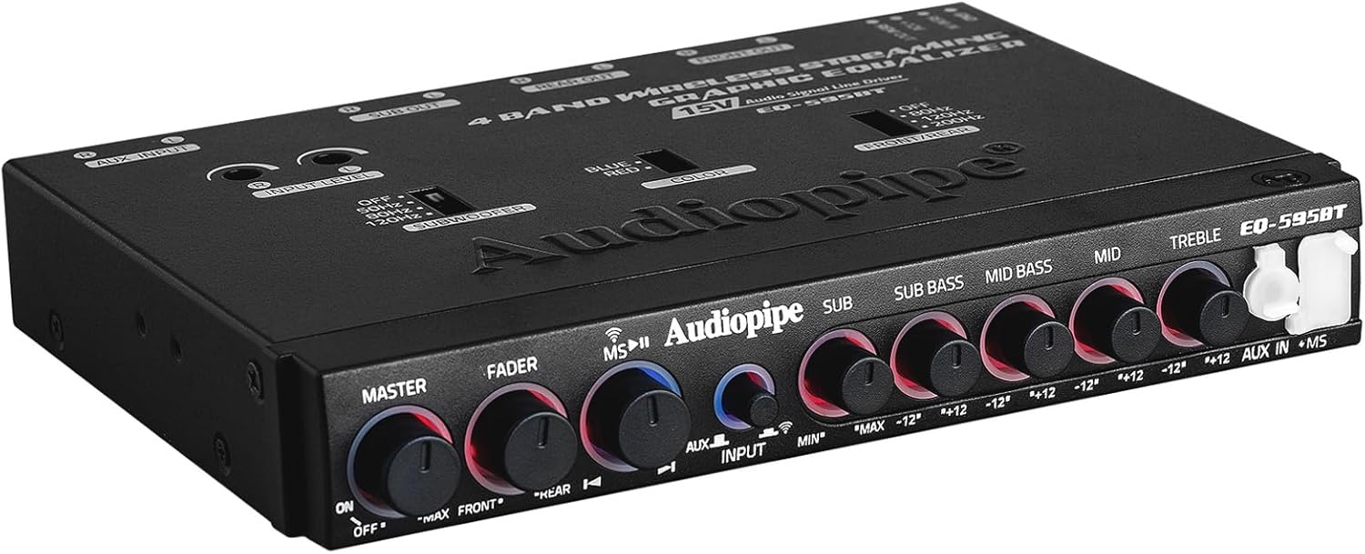 Audiopipe 4 Band Wireless Streaming Graphic Equalizer (EQ-595BT) with Power ON/OFF Control and Bluetooth, Blue/Red illumination, Mounting Accessories Included, EQ-495BT's New Version