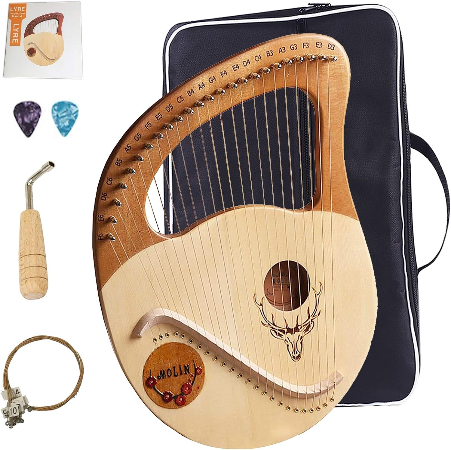 Lyre Harp 24 String Bone Saddle Lye Harp,Mahogany String Instrument with Tuning Wrench and Gig Bag for Music Lovers Beginners Children Adults Kids (Color : Yellow)