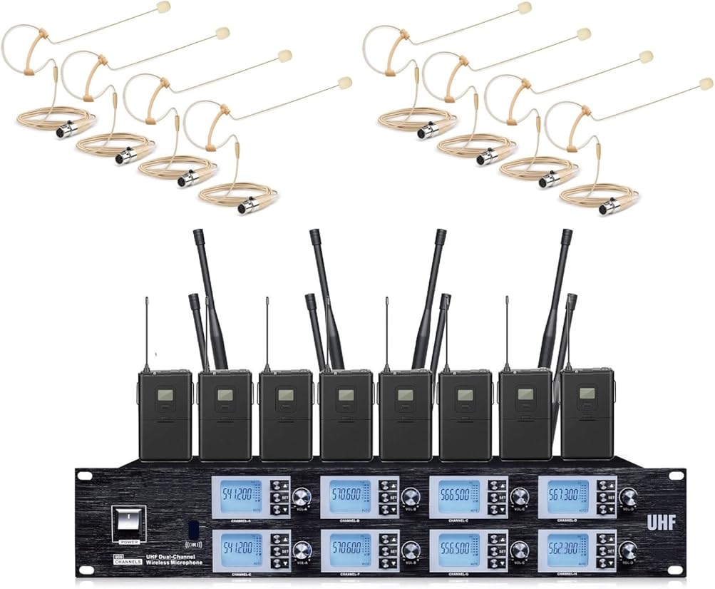 Professional 8 Channel UHF Wireless Micro Earset Headset Headworn Microphone System 8 Earset Mics Belt Packs Transmitters Adjustable Frequency for Theatre Stage Performance