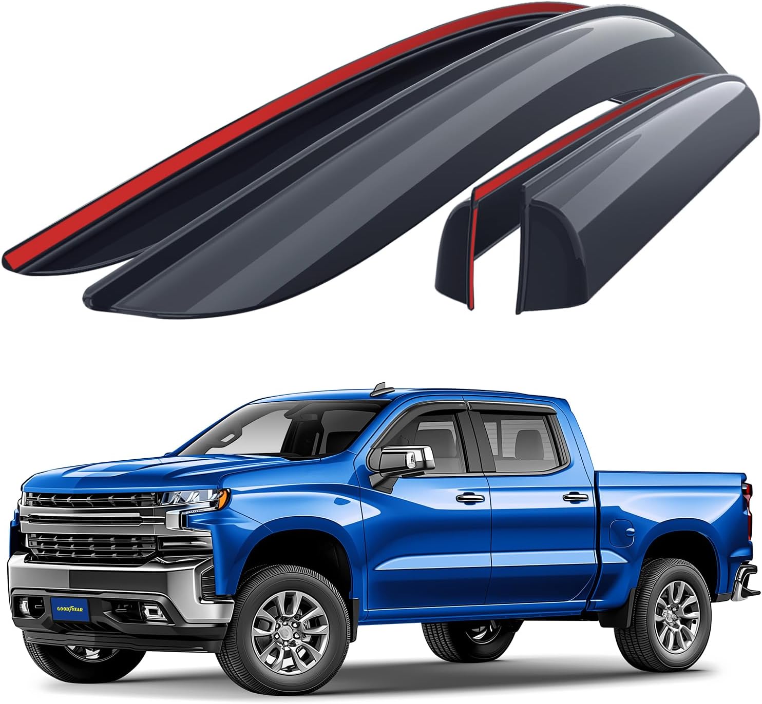 Goodyear Shatterproof Window Deflectors for Trucks Chevrolet (Chevy) Silverado/GMC Sierra 1500 2019-2026 Crew Cab, Tape-on Rain Guards, Vent Deflector, Vent Visor, Truck Accessories, 4pcs- GY003181LP
