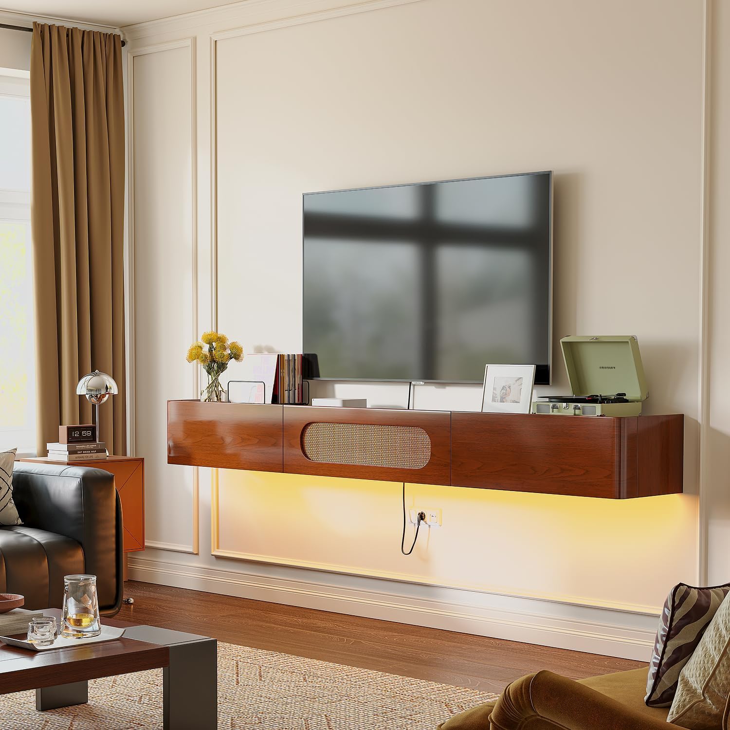 FurniNova Fully Assembled Floating TV Stand Wall Mounted 94'',High Gloss Floating Media Console with 2 Drawers & Rattan Door, Under TV Shelf for Living Room Bedroom Entertainment Center,Walnut