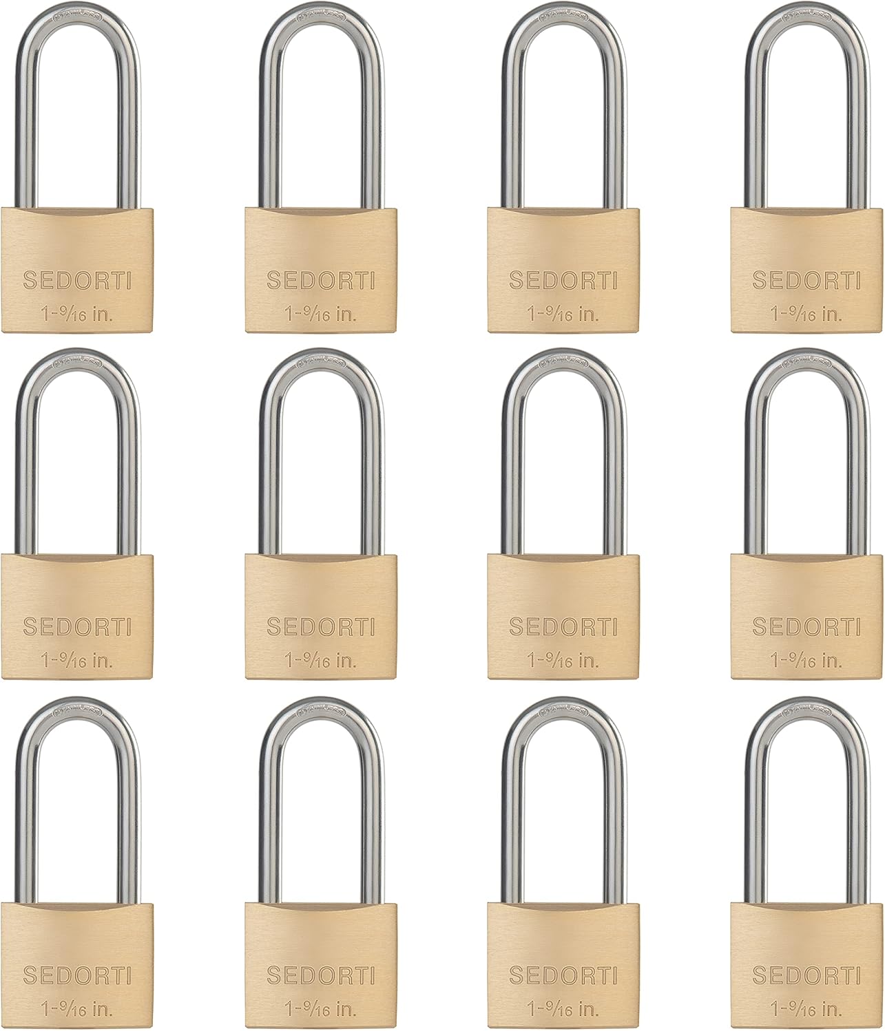 Weatherproof Padlock with Stainless Steel 304 Long Shackle and Solid Brass Body, 1-9/16 in. Wide, 12 Padlocks Keyed Alike, Marine Grade Rustproof Lock for Outdoors Use YNBSP1240