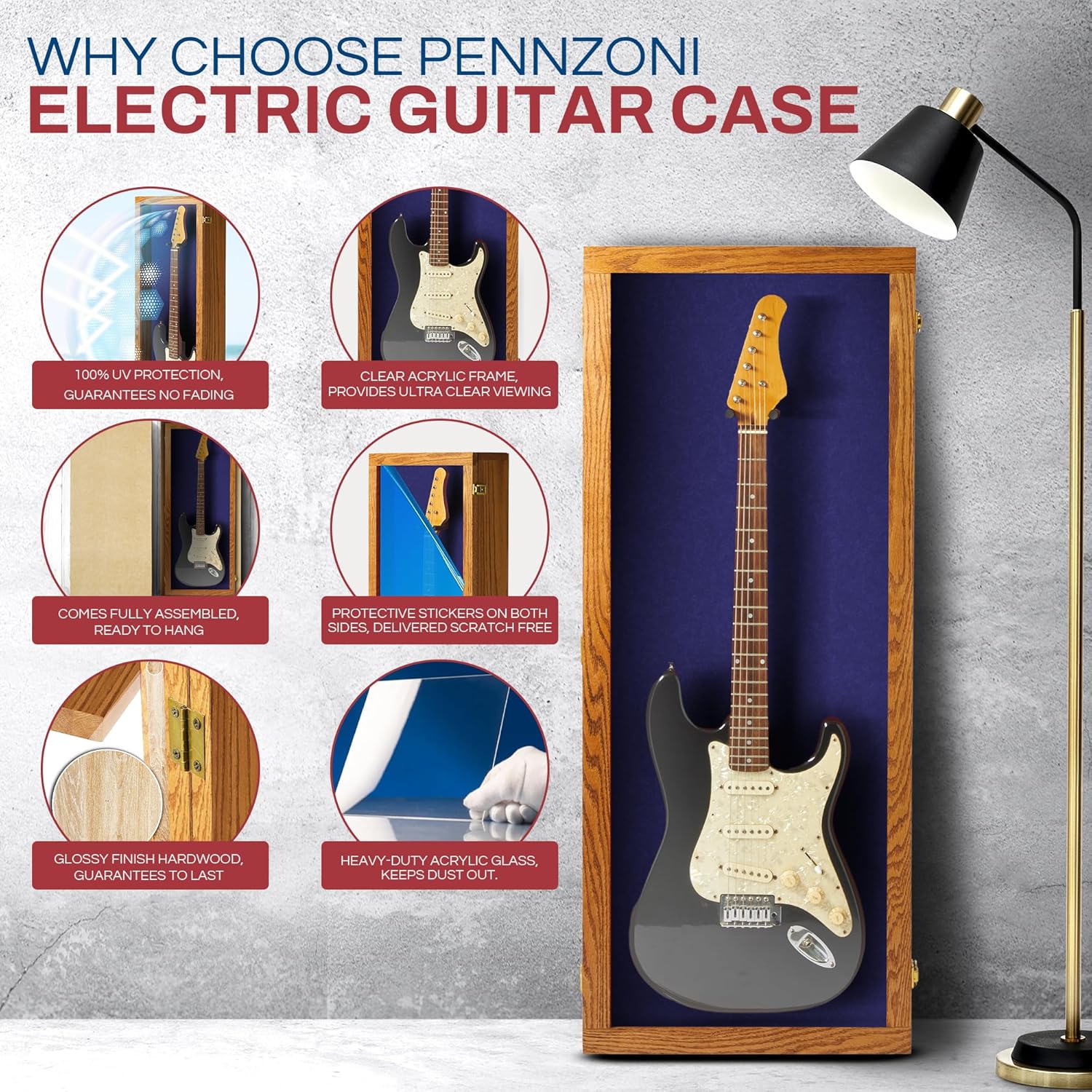 PENNZONI Electric Guitar Display Case - Acrylic Guitar Display Case Wall Mount Made from Hardwood & Clear Acrylic - Natural Oak w/Blue Felt