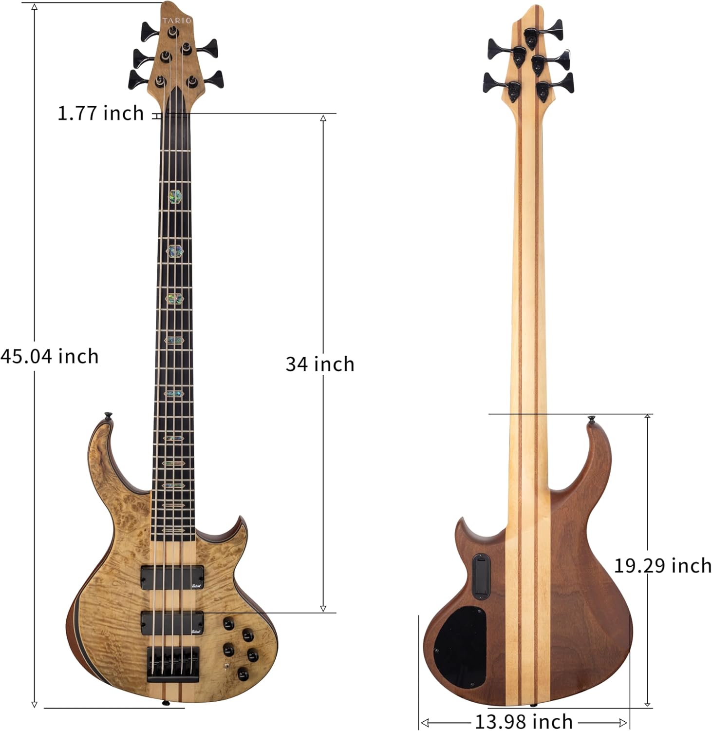 TARIO 5 String Electric Bass Guitar Burl poplar top Millettia Laurentii Okoume body Maple Fretboard