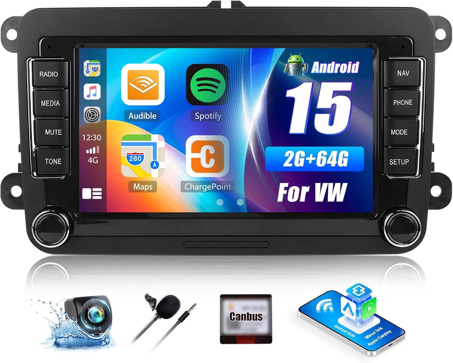 Car Stereo for VW Passat Jetta Tiguan Golf MK5 MK6 T5 EOS Polo 7 Inch Touchscreen Android Car Radio with Wireless Carplay Android Auto GPS Navigation Backup Camera WiFi