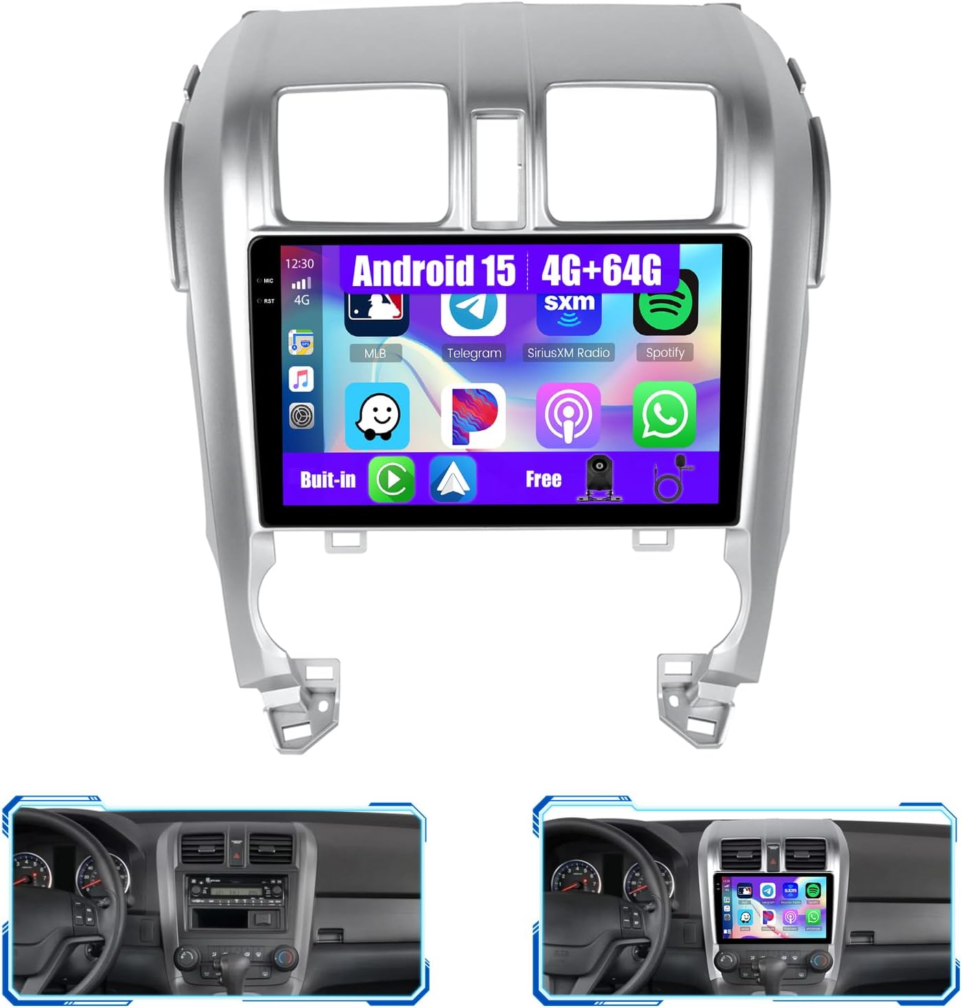 [4G+64G] Android 15 Car Radio for Honda CRV 2007-2011 with Wireless Carplay/Android Auto, 10 Inch HD Touch Screen Car Stereo with GPS Bluetooth WiFi FM/RDS EQ SWC Backup Camera MIC