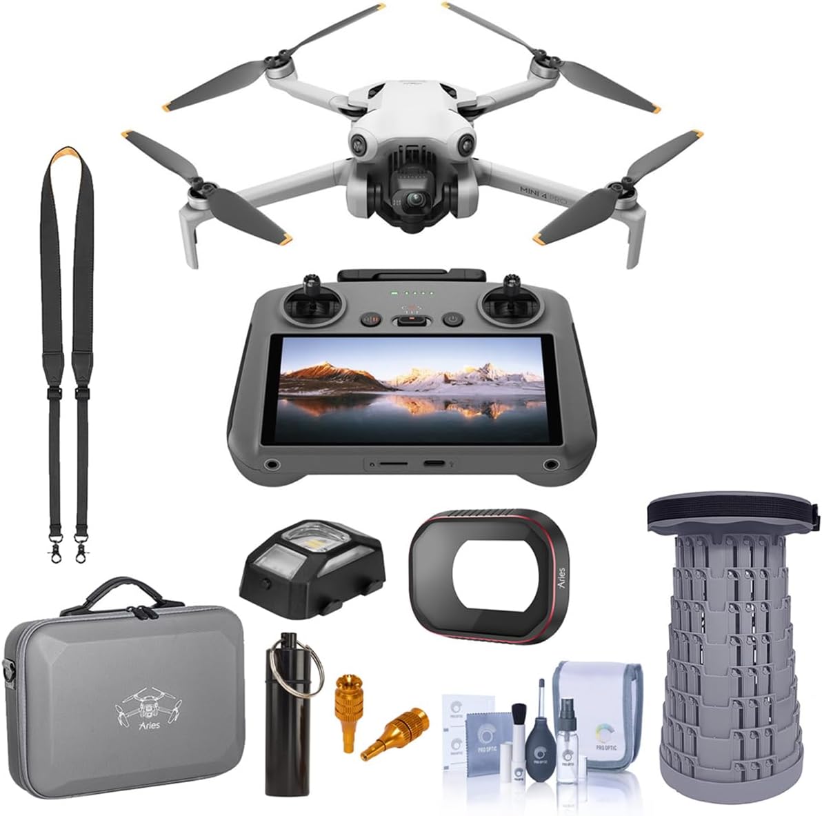 DJI Mini 4 Pro Drone with RC 2 Remote Controller, Bundle with Carrying Case, Extension Joysticks, Neck Strap, UV Filter, LED Light, Stool/Chair, Cleaning Kit