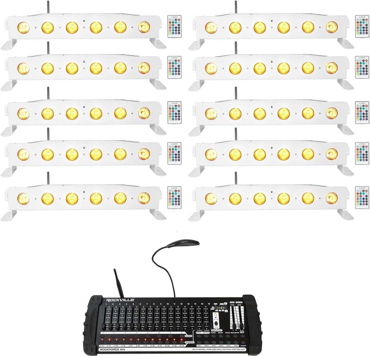 DJ Lighting Bundle: Rockville Best Strip 60 (10) Rechargeable RGBWA UV Strip Wash Lights & ROCKFORCE W4 384-Channel Wireless DMX Controller with MIDI, 11-Items