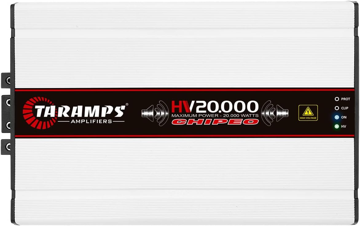 Taramp's HV 20000 Chipeo High Voltage Amplifier 0.5 Ohm 20000 Watts Rms 1 Channel with 13 batteries 164VDC Output Power Monoblock Car Audio Amp Class D