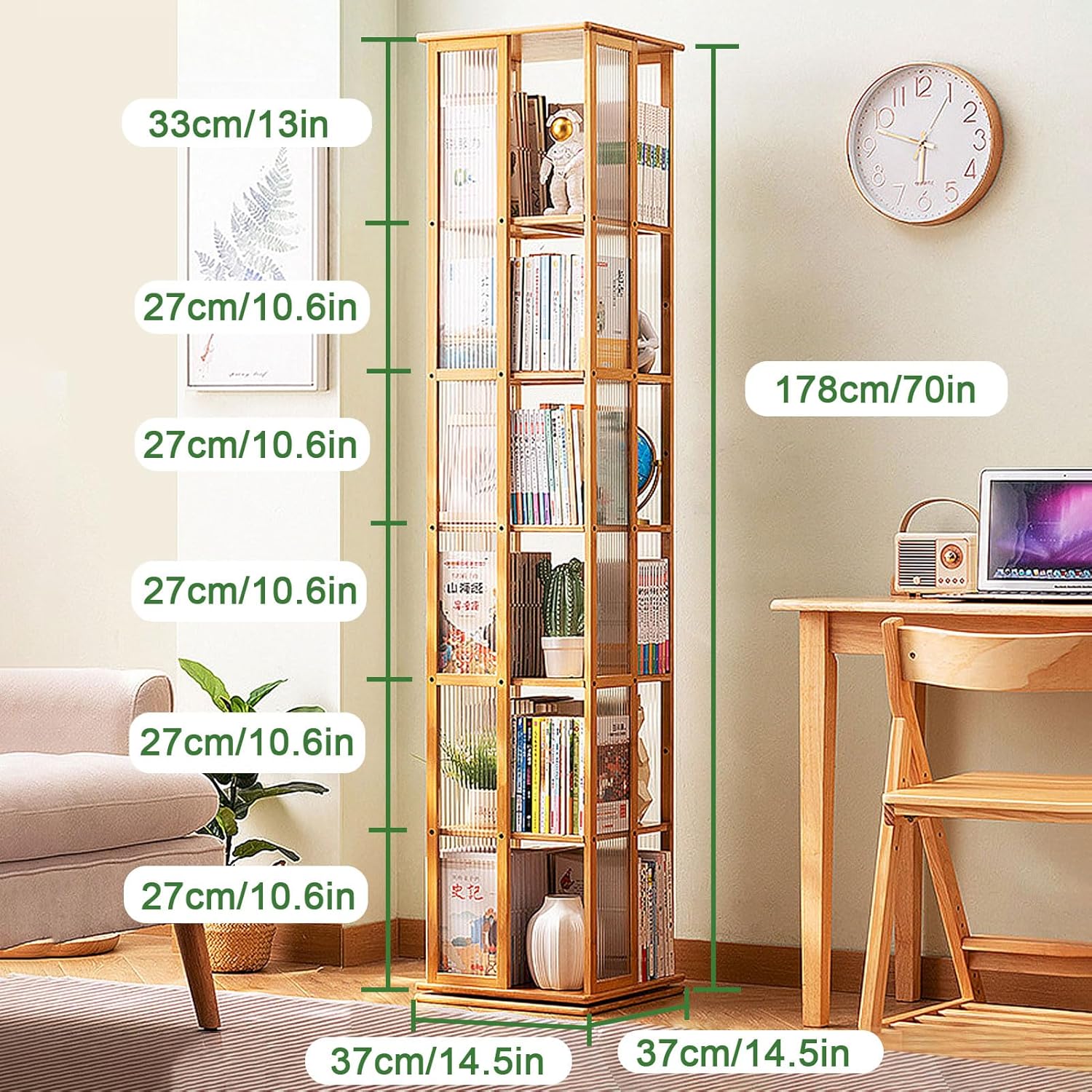 ARMERI 6 Tier Bamboo Bookcase Corner Tall Book Shelf Modern 360° Rotating Storage Display Rack Floor Standing Shelves with Open Design Shelving Unit for Home Office Living Room Study,Brown,6 Tier