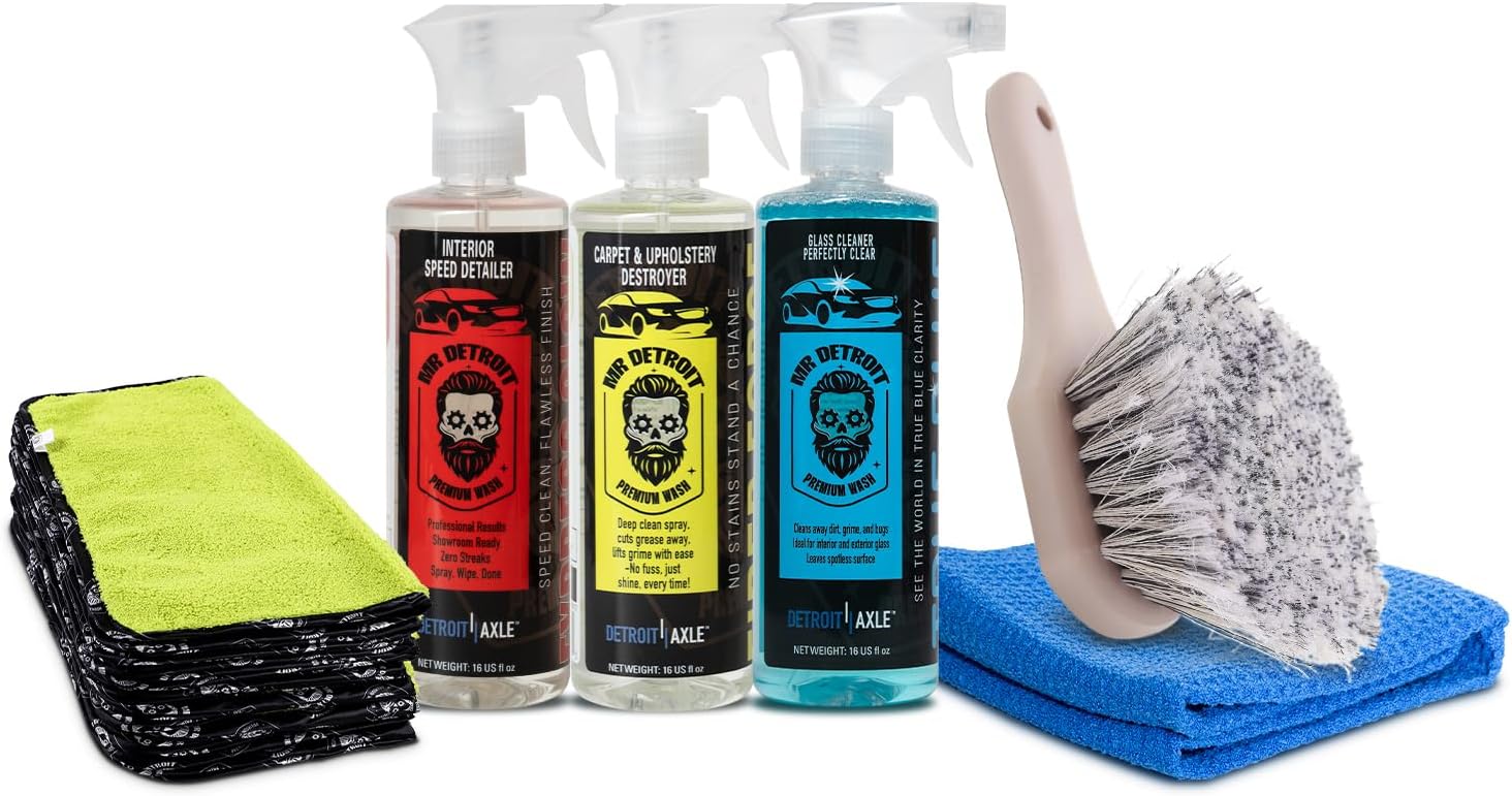 Mr. Detroit - 6pc Car Wash Kit with Carpet & Upholstery Cleaner, Interior Speed Detailer, Glass Cleaner, Waffle Microfiber Towel, Premium Towels, Wheel Body Brush, Non-Scratch Deep Cleaning