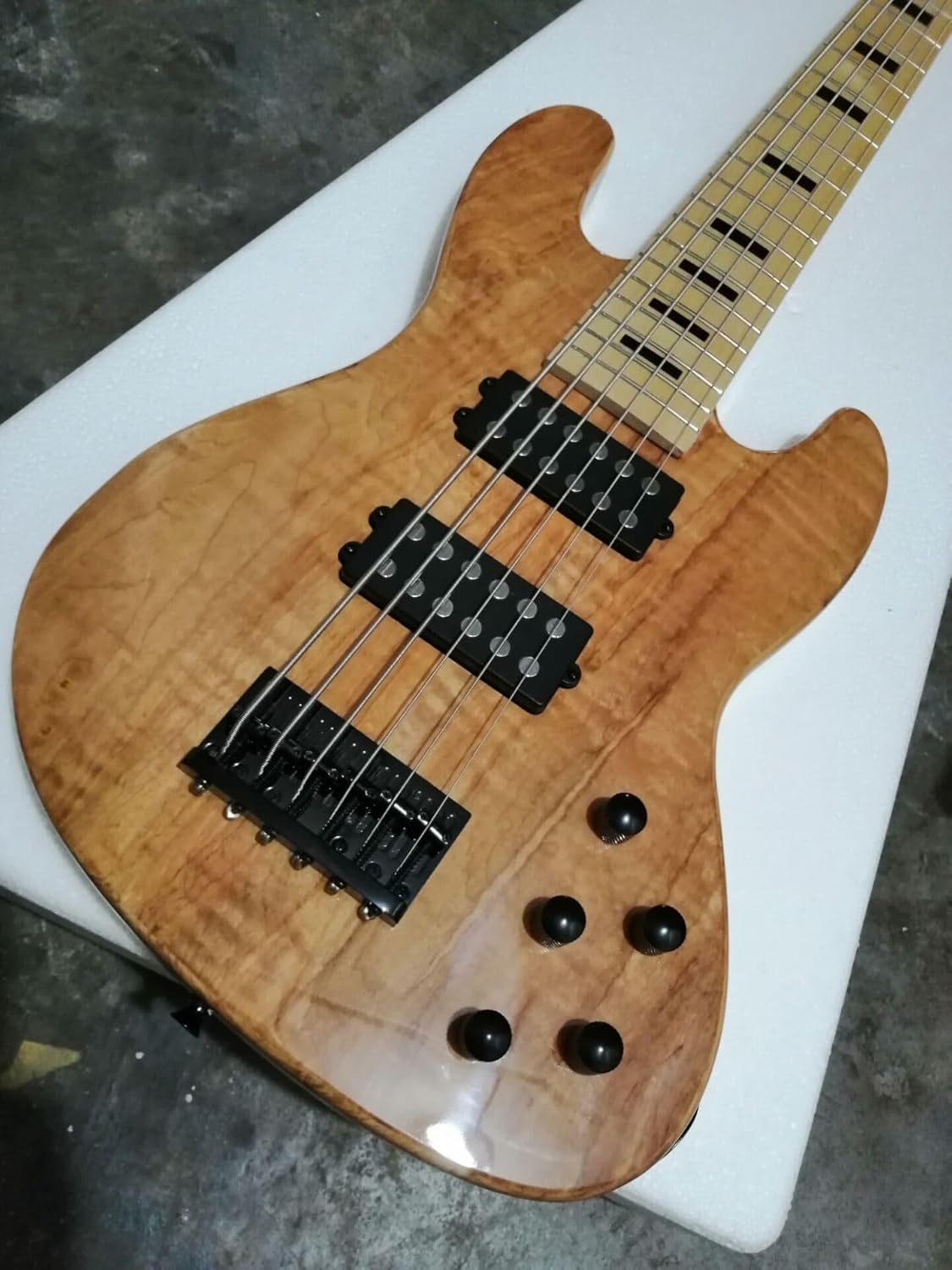 Custom Wood Color Jazz Bass, Solid Ash Body With Quilted Maple Veneer,Active HH PickupS, 6 Strings,Black Hardware