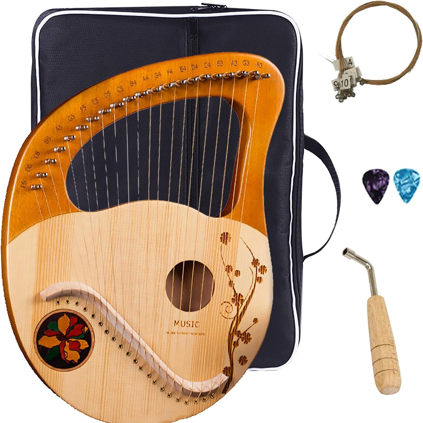 Lyre Harp 21 Metal Strings Mahogany Instrument,with Tunning Wrench, Spare String, English Manual,Best Gift for Beginners Music Lovers Adult