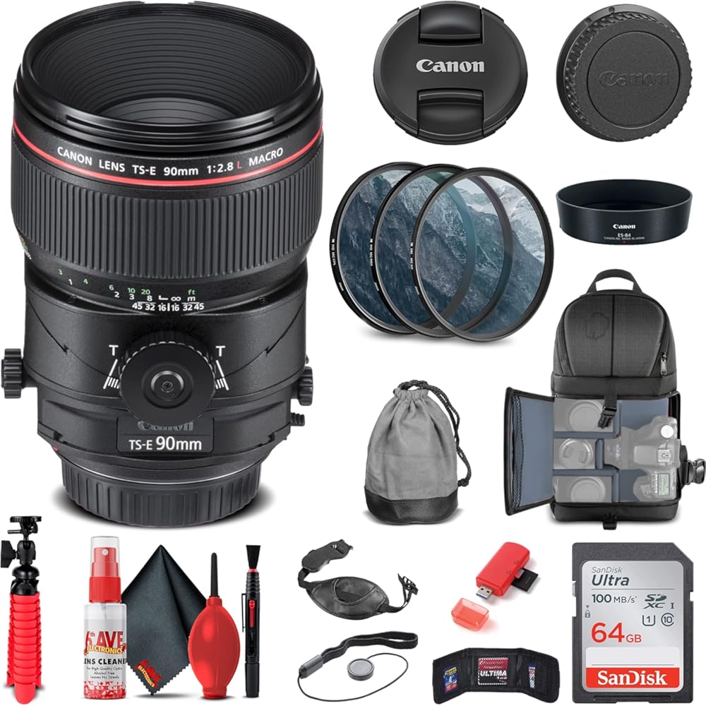 Canon TS-E 90mm f/2.8L Macro Tilt-Shift Lens (2274C002) + Filter Kit + Backpack + 64GB Card + Card Reader + Flex Tripod + Memory Wallet + Cap Keeper + Cleaning Kit + Hand Strap + More (Renewed)