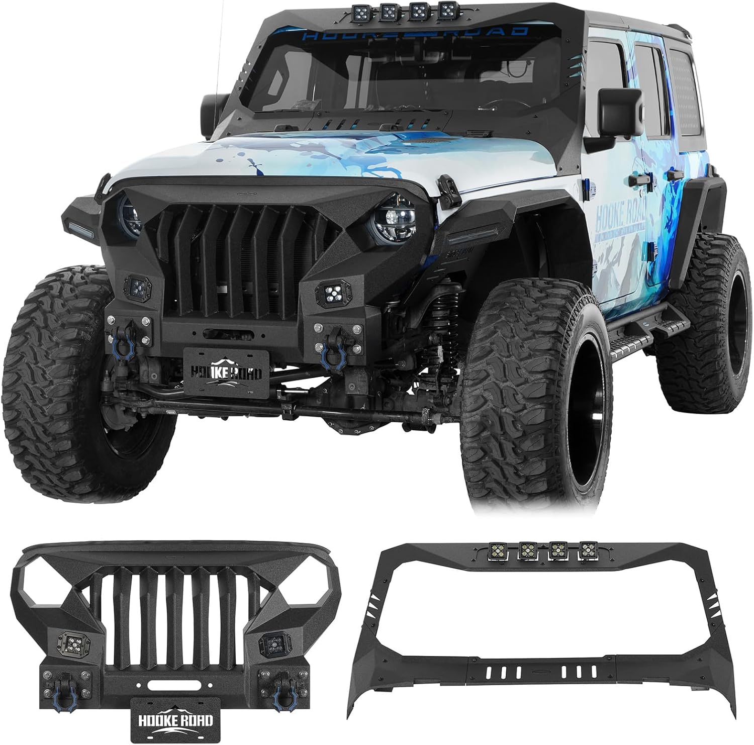 Hooke Road Madmax Front Bumper & Windshield Visor Cowl Cover for 2018-2025 Jeep Wrangler JL & Gladiator JT 2/4 Doors (Exclduing JT Mojave & Wrangler 4xe)