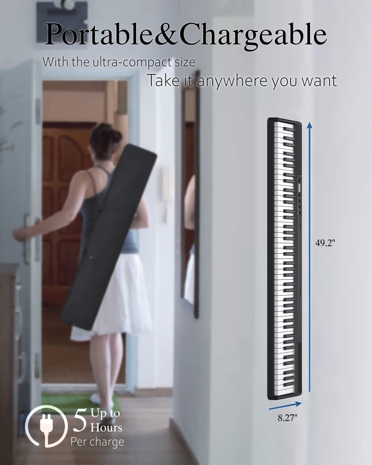 Longeye Piano Keyboard 88 Keys Set, Portable Digital Piano with Double-X Stand, Adjustable Keyboard Bench, Carrying Case, Sustain Pedal, Key Stickers, Music Rest, Headphones Black