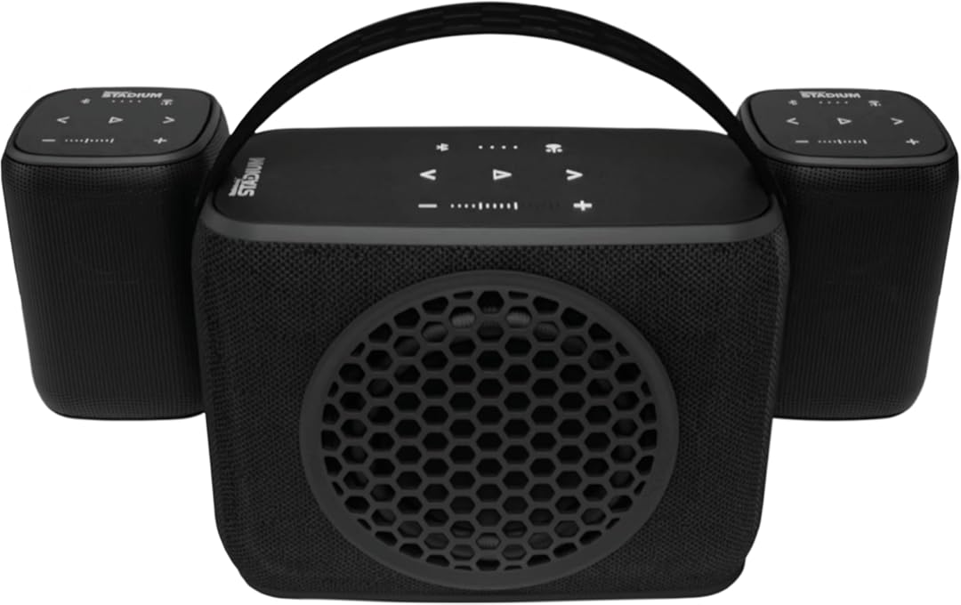 Rocksteady Stadium 2: Two Speakers and One Subwoofer 2.1 Bundle - Immersive, connectible, and up to 150 ft of Range. Up to 30 Hours of Battery Life.