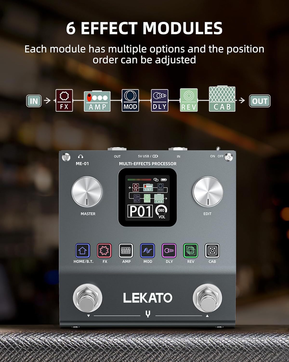 LEKATO Multi Effects Guitar Pedal, Electric Guitar Effects Pedal, Pocket Rechargeable Effects Processor with 6 Effects Modules, 80 Presets, 20 IRs, BT Audio, Headphone Output