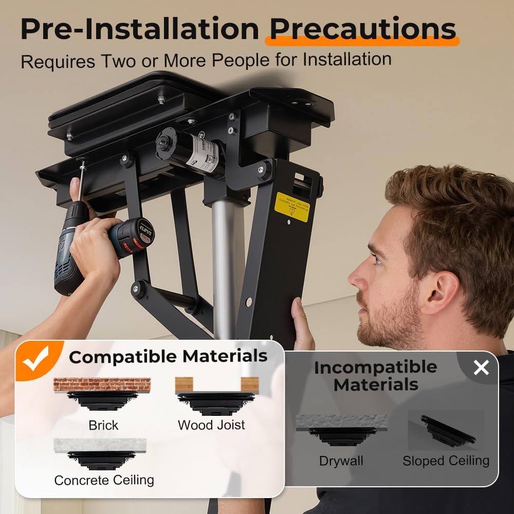 OUTFINE Electric Flip Down and Swiveling Ceiling TV Mount for 32–75 Inch Flat or Curved Screens, Motorized Fold Down Lift with Remote Control, 360°Manual Swivel and 0–80°Electric Tilt