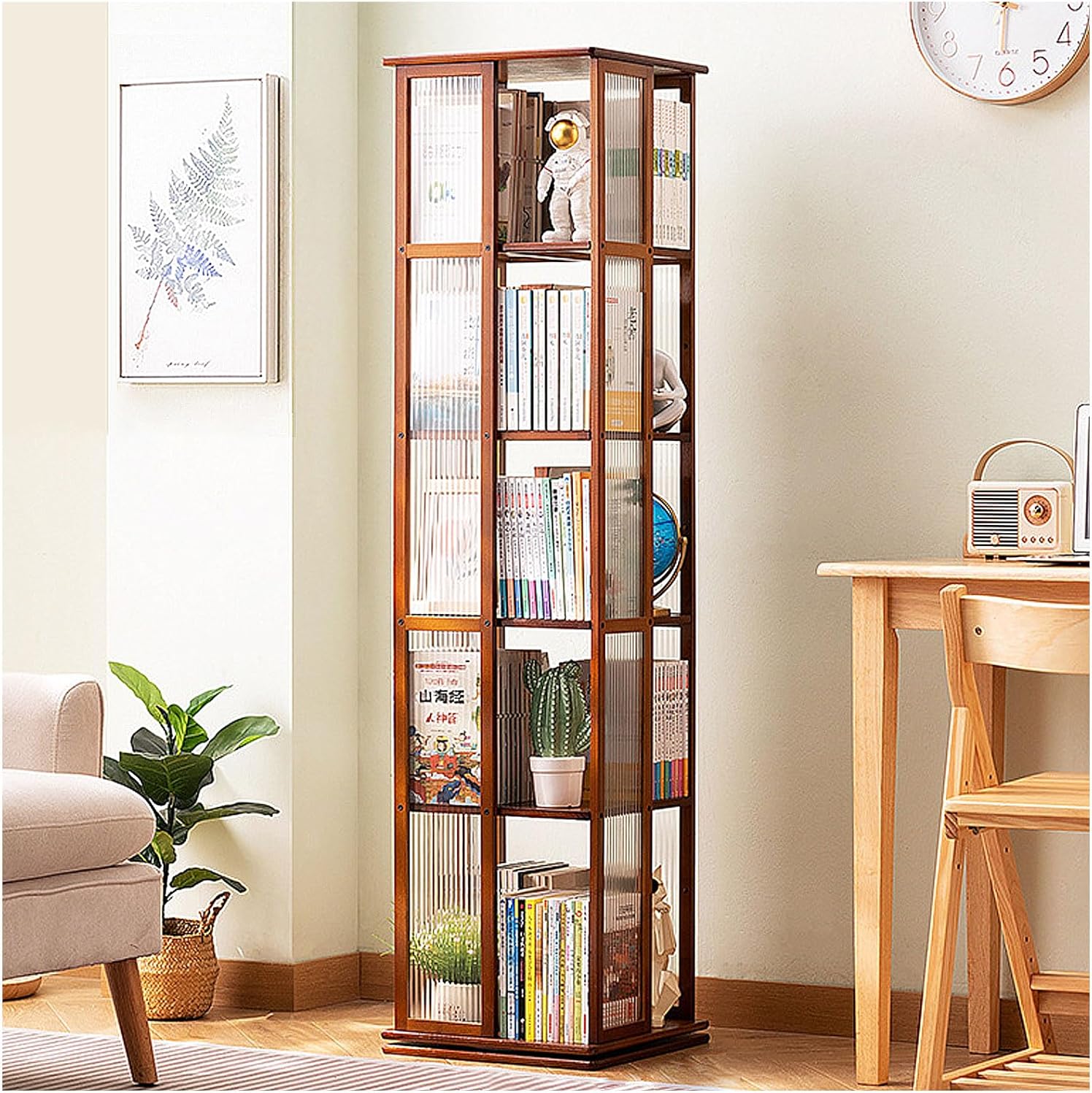 ARMERI Rotating Bookcase, 6 Tier Swivel Bookcase Bamboo Bookshelf, 360 Display Floor Standing Bookcase Corner Storage Organizer, Rotating Bookshelf Tower for Bedroom, Living Room,Brown,5 Tier