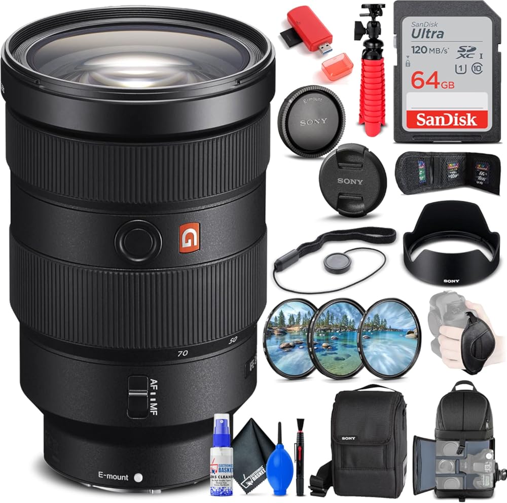 Sony FE 24-70mm f/2.8 GM Lens (SEL2470GM) + Filter Kit + Backpack + 64GB Card + Card Reader + Flex Tripod + Memory Wallet + Lens Cap Keeper + Cleaning Kit + Hand Strap + More (Renewed)