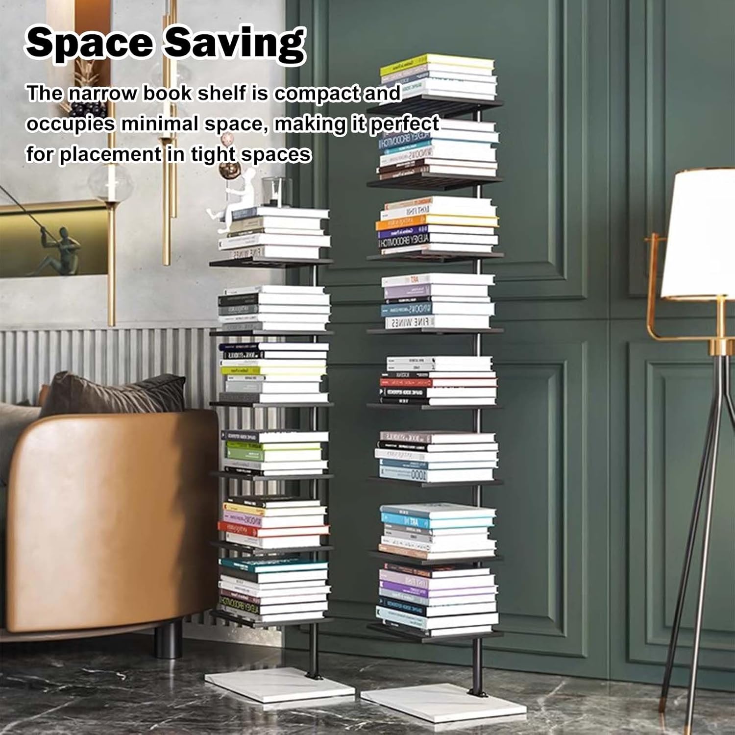 Black Floor Bookshelf for Home Office, Modern Spine Book Tower Display Shelves, Vertical Metal Floating Bookcase with Base, Easy to Assemble(8-Tier 150cm (59